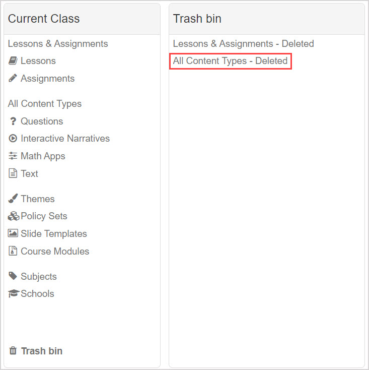 Trash bin is at the bottom of the Current Class pane.